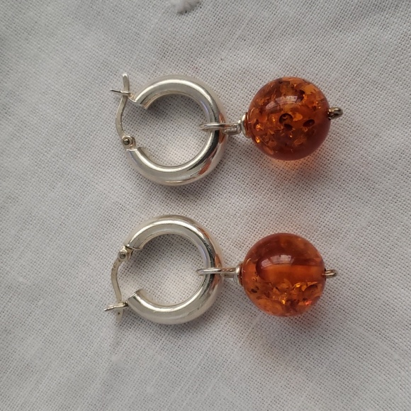Freshwater pearl,turquoise and Amber silver earrings - Picture 8 of 9